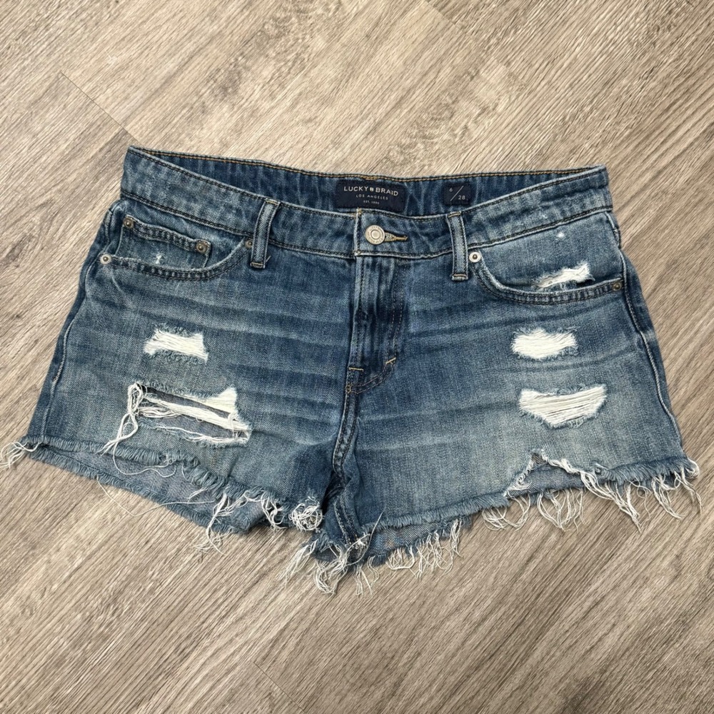 Lucky Brand Women Distressed Denim Jean Shorts Blue Size 6 28 Raw Hem Distressed